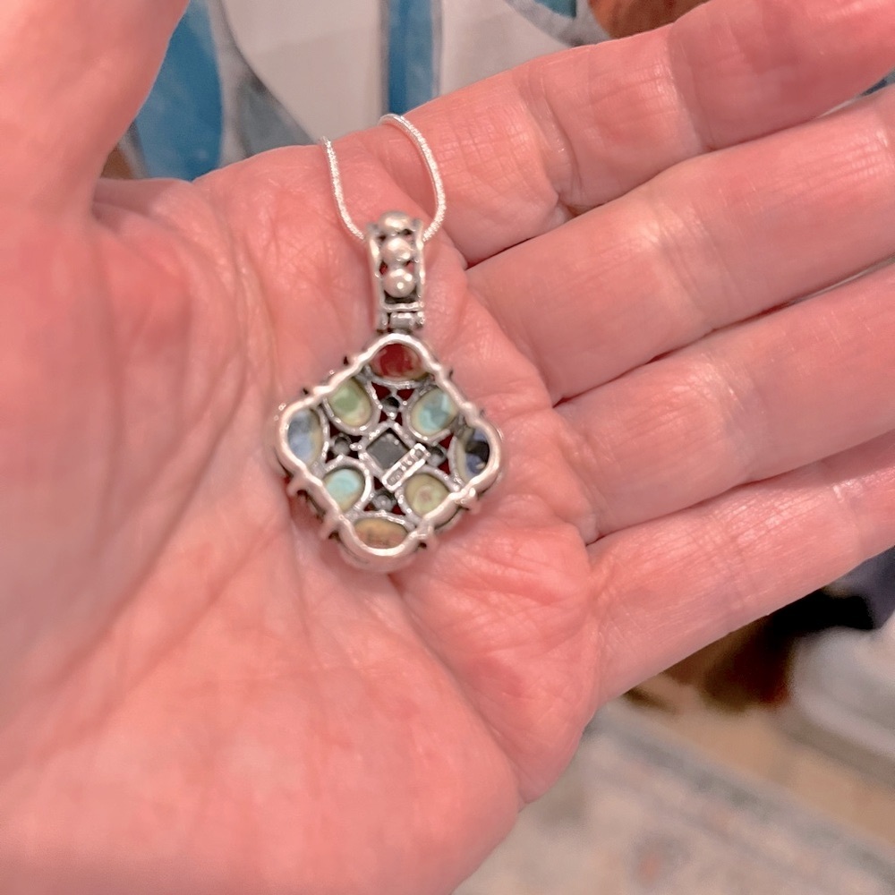 N126 925 Sterling Silver Authentic Gemstones and Onyx Center Pendant Necklace - Picture 2 of 6